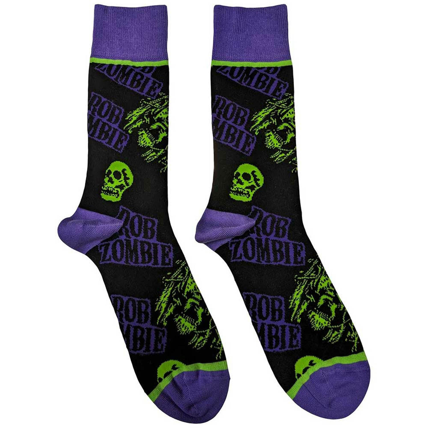 Rob Zombie Skull Face Green/Purplele Black Socks